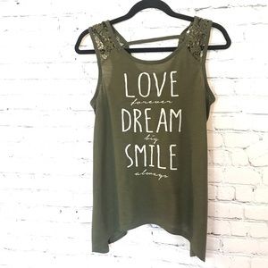 Dark green top with white writing